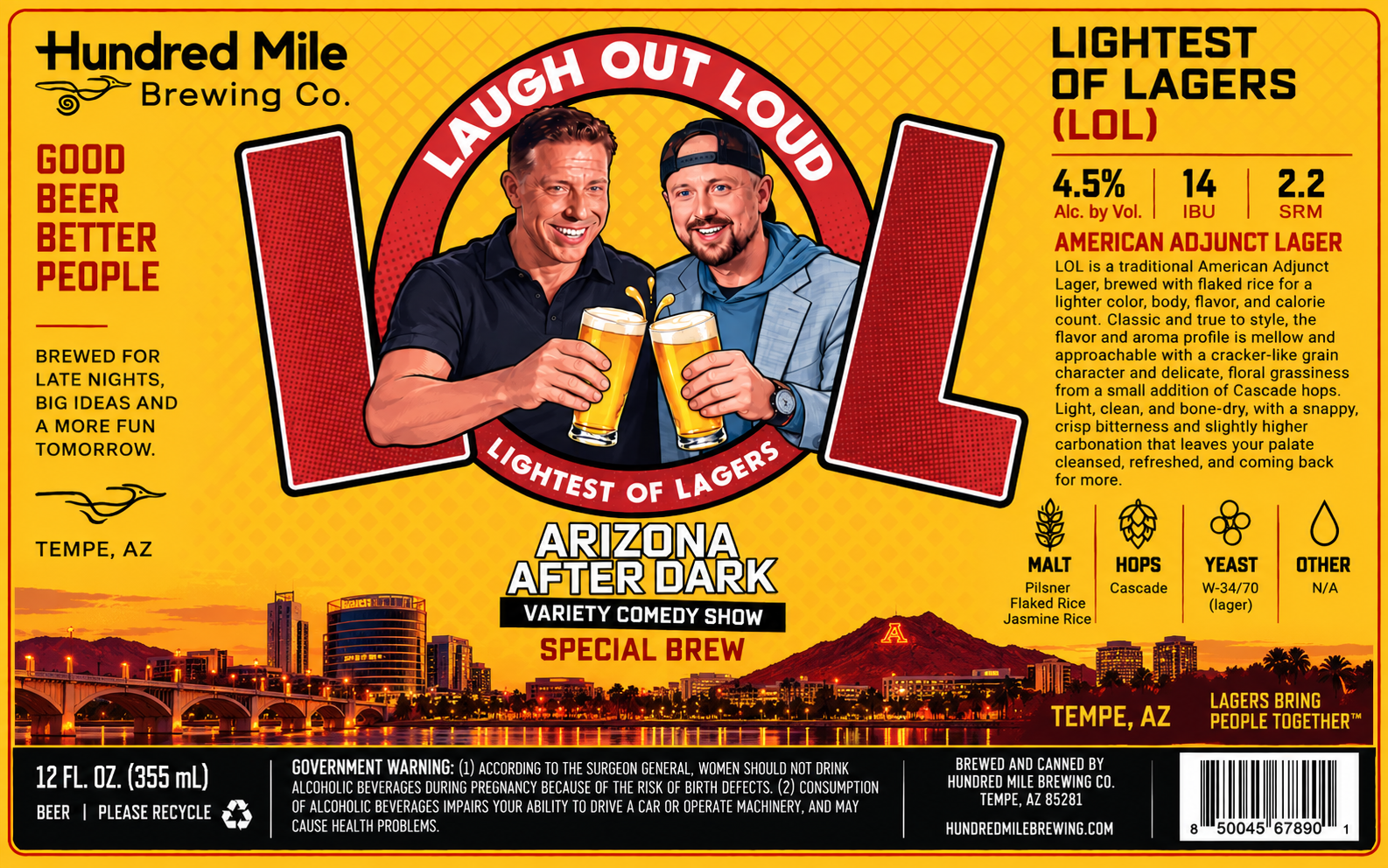 Laugh Out Loud lager can label — the official beer of Arizona After Dark, brewed by Hundred Mile Brewing Co.